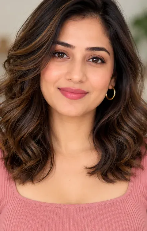 After: shoulder-length waves with highlights and soft makeup