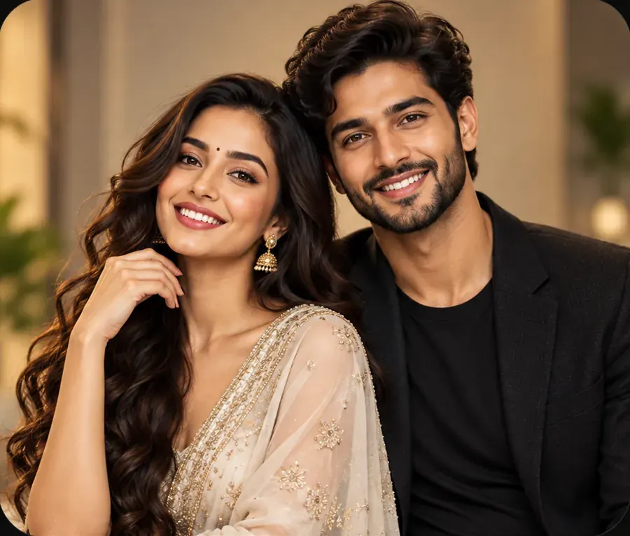 A smiling woman with long waves and a man with a styled cut, both made with Beautiva